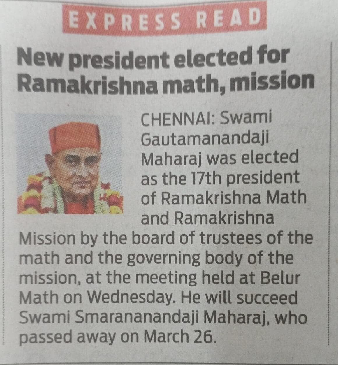 New President Elected for Ramakrishna Math & Mission - Indian Express News Report